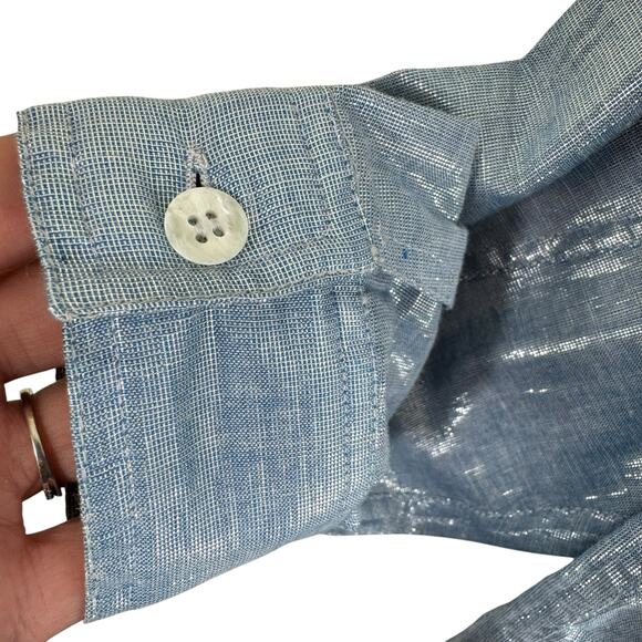LizWear Liz Claiborne Blue Shiny Long Sleeve Collared Lightweight Button Up Sz M - Picture 4 of 6